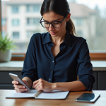 Femme vérifiant ses finances sur smartphone dans la cuisine