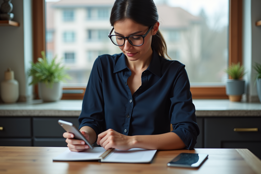 Femme vérifiant ses finances sur smartphone dans la cuisine