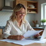 Femme souriante travaillant sur documents immobiliers