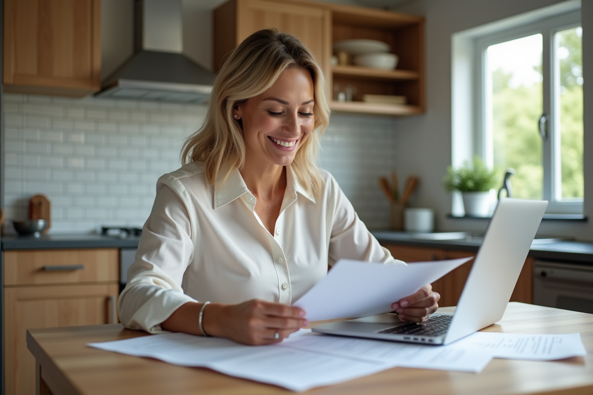 Femme souriante travaillant sur documents immobiliers