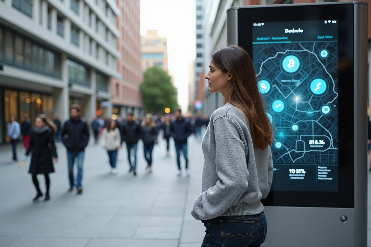 Femme dans une place urbaine observant un écran crypto