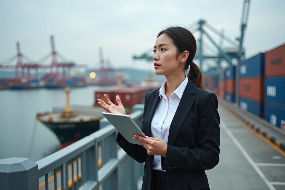 Jeune femme professionnelle regardant le port en extérieur