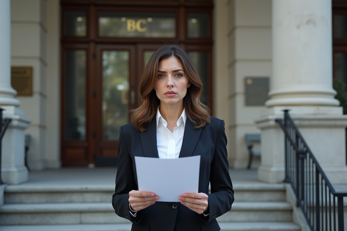 Femme en costume devant un bâtiment officiel