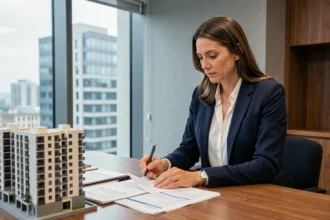 Femme professionnelle analysant des documents financiers et maquettes immobilières liés à l'investissement pierre papier en SCPI