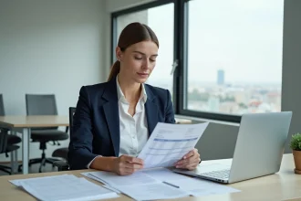 Femme professionnelle suisse analysant ses fiches de salaire et documents financiers dans un bureau moderne