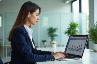 Femme professionnelle consultant son espace CDC Net Banque des territoires sur un ordinateur portable pour suivre ses prêts en ligne
