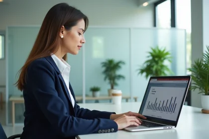 Femme professionnelle consultant son espace CDC Net Banque des territoires sur un ordinateur portable pour suivre ses prêts en ligne