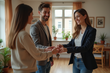 Femme souriante remettant des clés à un couple dans un appartement moderne