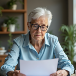 Femme retraitée en bureau avec documents de retraite