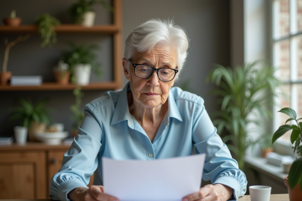Femme retraitée en bureau avec documents de retraite