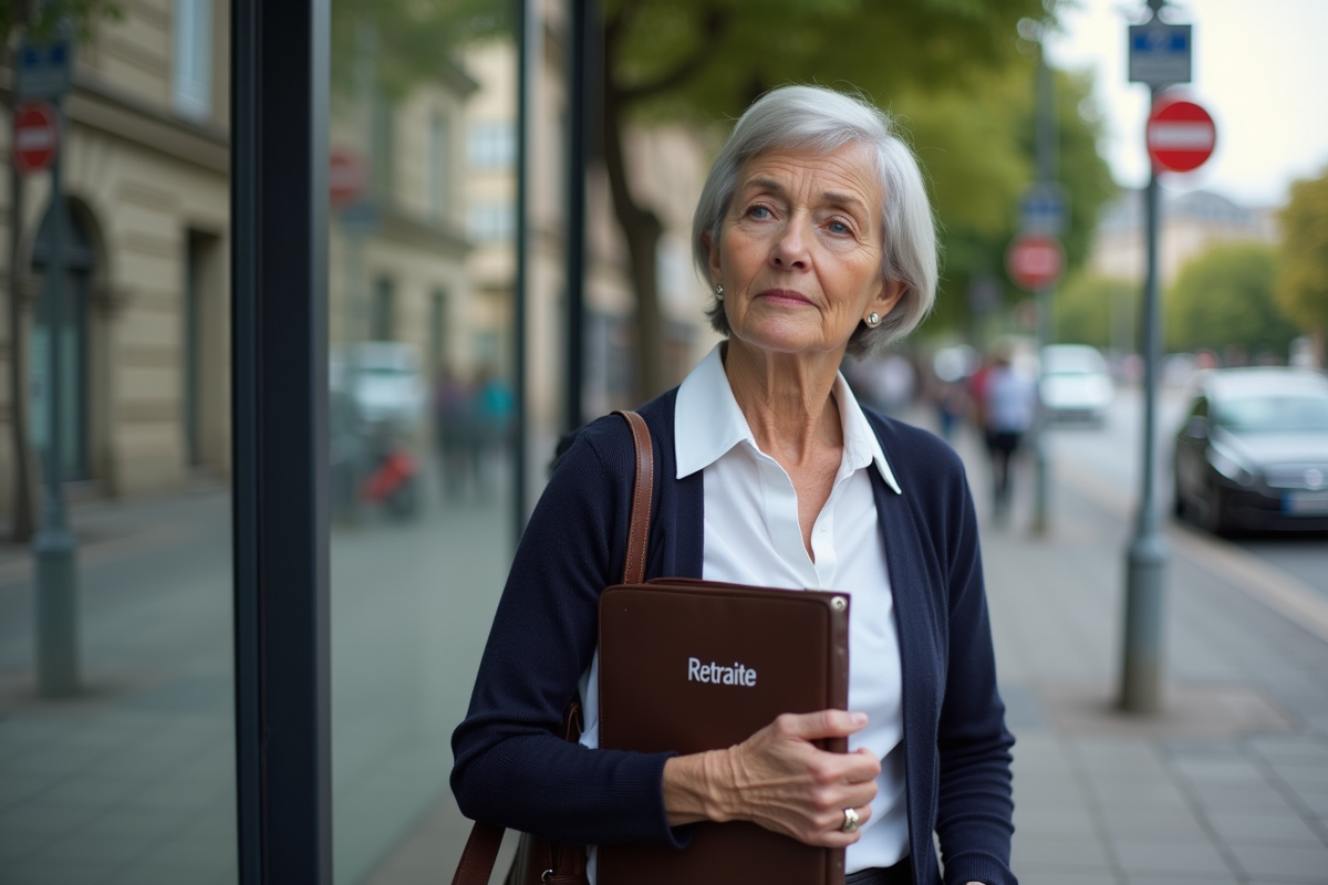 Femme française de 61 ans à un arrêt de bus avec dossier retraite