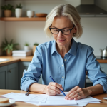 Femme d'âge moyen examine ses documents de retraite dans la cuisine