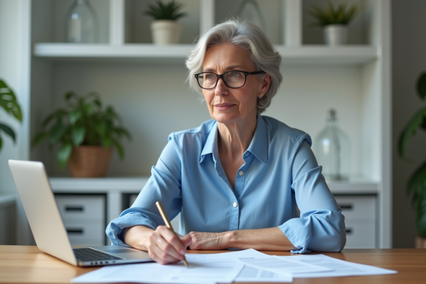 Femme d'âge moyen examinant des documents de retraite dans un bureau moderne
