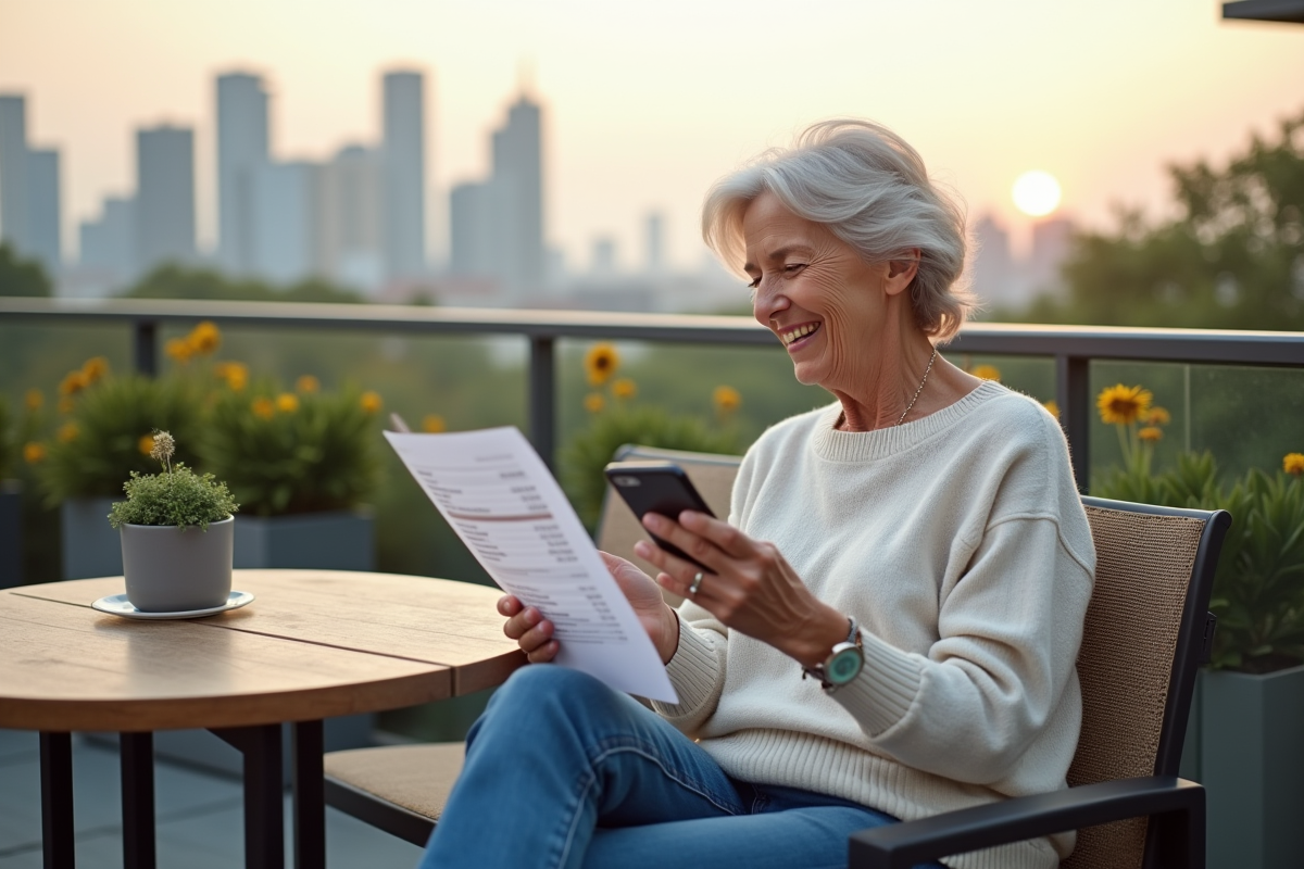 Femme souriante vérifiant ses finances sur une terrasse urbaine