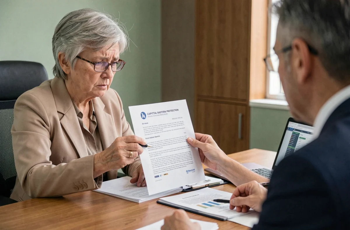 Femme senior discutant de la sécurisation de son capital avec un conseiller financier spécialisé en assurance vie
