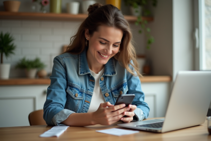 Femme souriante utilisant une appli cashback à la maison