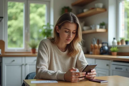 Jeune femme vérifiant ses détails avec son smartphone à la maison