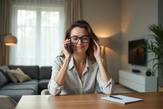 Femme d'âge moyen au téléphone dans un intérieur lumineux