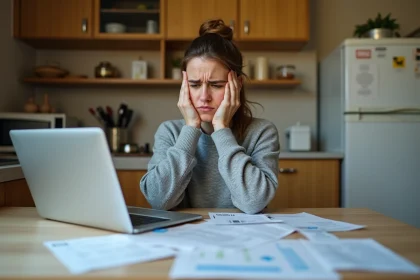 Femme stressée assise à une table de cuisine avec des factures et un ordinateur portable affichant un compte bancaire, illustrant les dépenses imprévues et le recours à un prêt immédiat