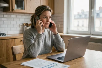 Femme au téléphone cherchant le numéro gratuit Cofidis pour son dossier de crédit