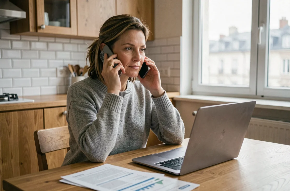 Femme au téléphone cherchant le numéro gratuit Cofidis pour son dossier de crédit