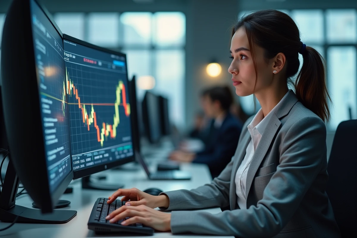 Jeune femme analysant des données de trading en bureau dynamique