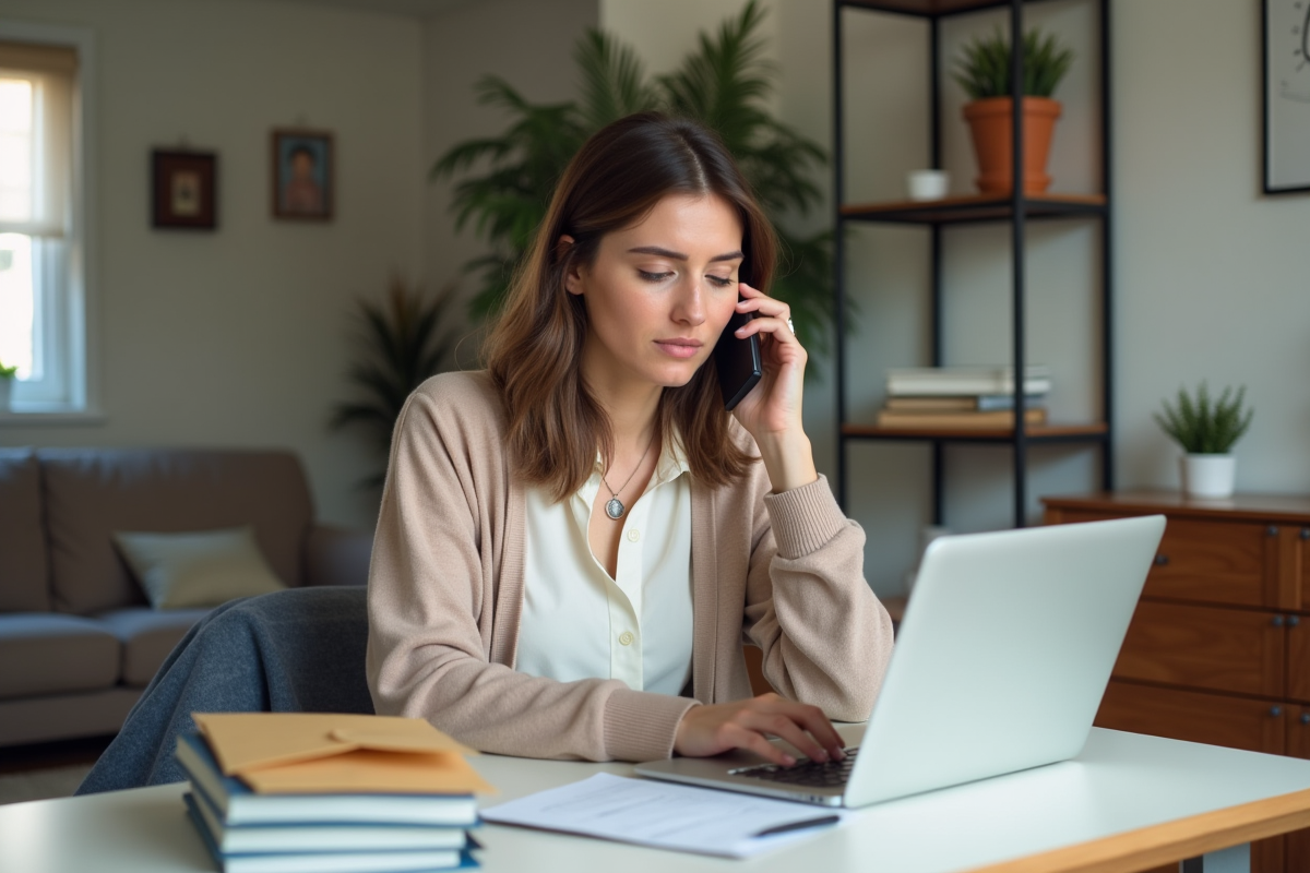 Femme parlant au téléphone en gérant ses impots à la maison
