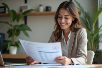 Femme souriante travaillant avec documents financiers à domicile