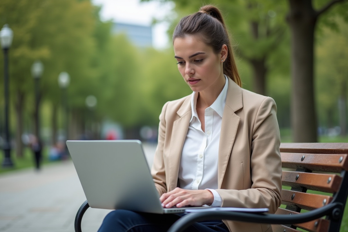 Jeune femme professionnelle travaillant en extérieur dans un parc