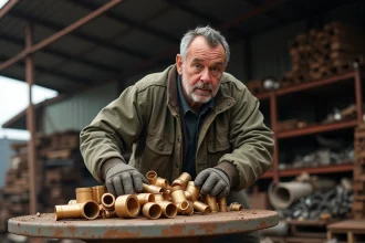 Ferrailleur pesant des pièces en bronze sur une balance industrielle dans un centre de recyclage des métaux
