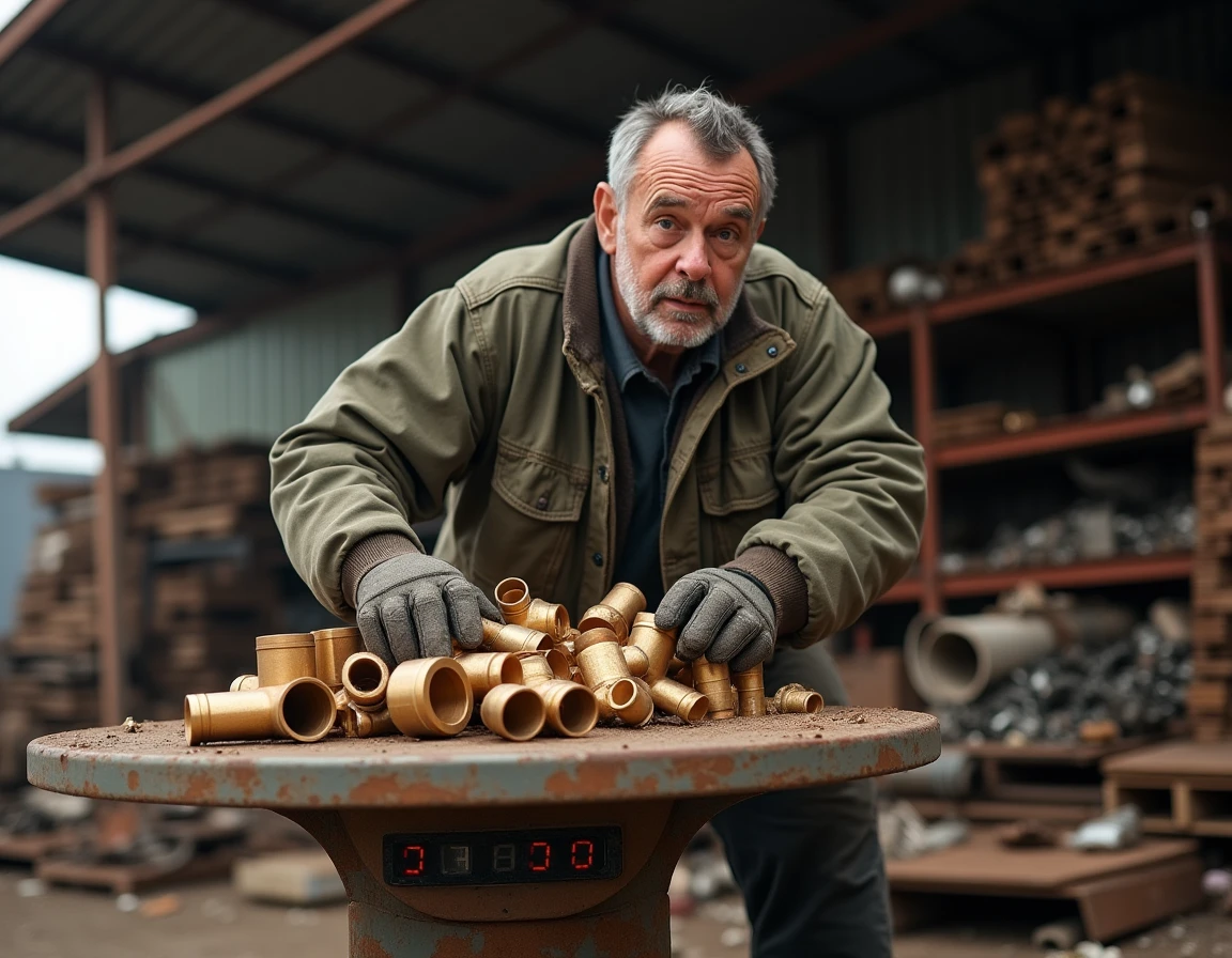 Ferrailleur pesant des pièces en bronze sur une balance industrielle dans un centre de recyclage des métaux