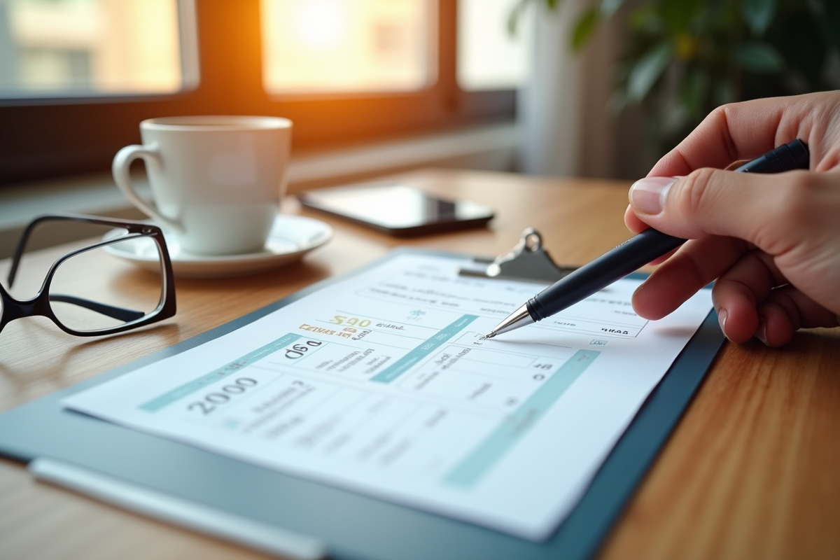 Fiche de paie de 2600 euros avec tasse de café et lunettes