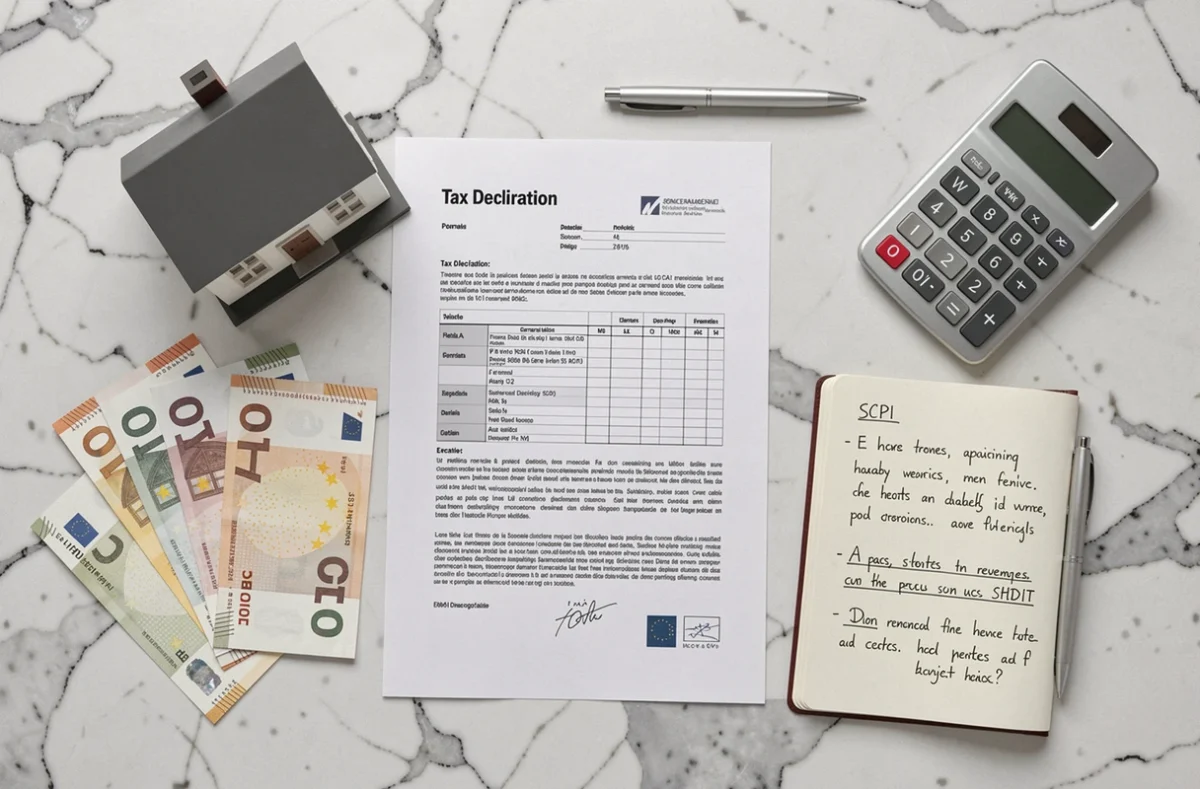Vue de dessus d'un bureau avec formulaire fiscal, billets et maison miniature symbolisant l'investissement en SCPI