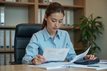 Fonctionnaire en temps partiel consultant ses fiches de paie brut net dans un bureau administratif