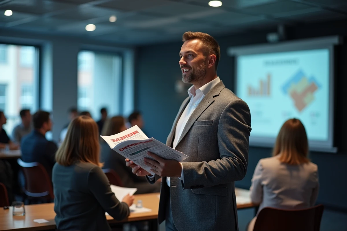 Formateur en assurance présentant un magazine professionnel lors d'un séminaire de formation continue