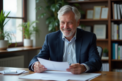 Homme freelance en costume vérifiant documents de pension