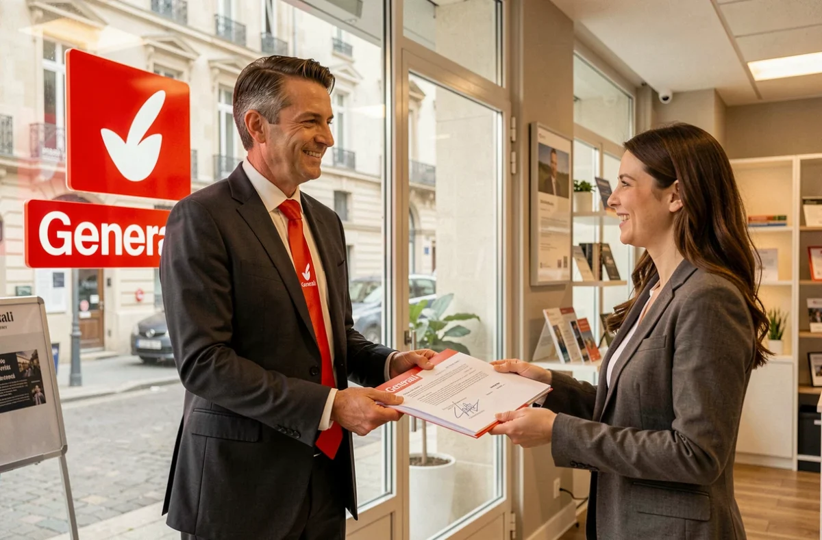 Agent courtier Generali dans le Nord remettant un contrat signé à une cliente satisfaite