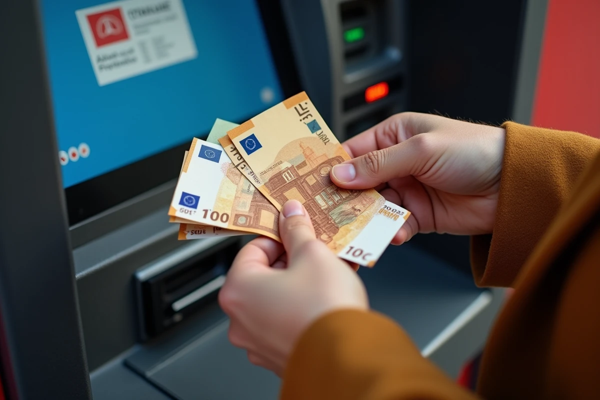 Gros plan de mains tenant des billets en euros retirés à un distributeur automatique de banque