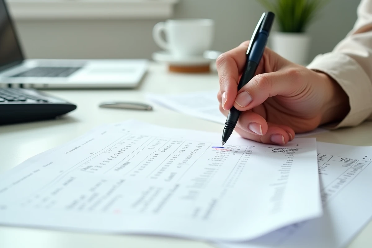 Gros plan sur un bulletin de salaire de l'éducation nationale annoté avec un stylo