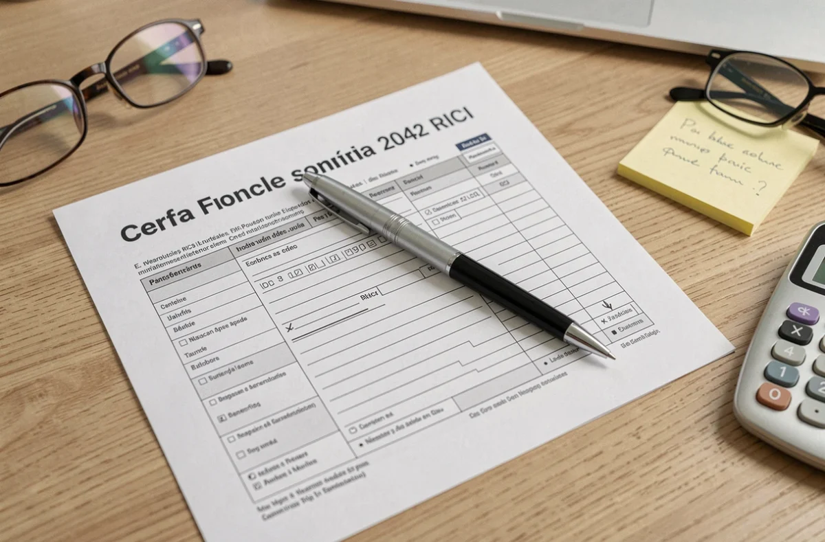 Gros plan du formulaire Cerfa 2042 RICI posé sur un bureau avec stylo, lunettes et calculatrice pour la déclaration fiscale