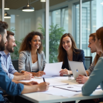 Groupe de collaborateurs au bureau en réunion conviviale
