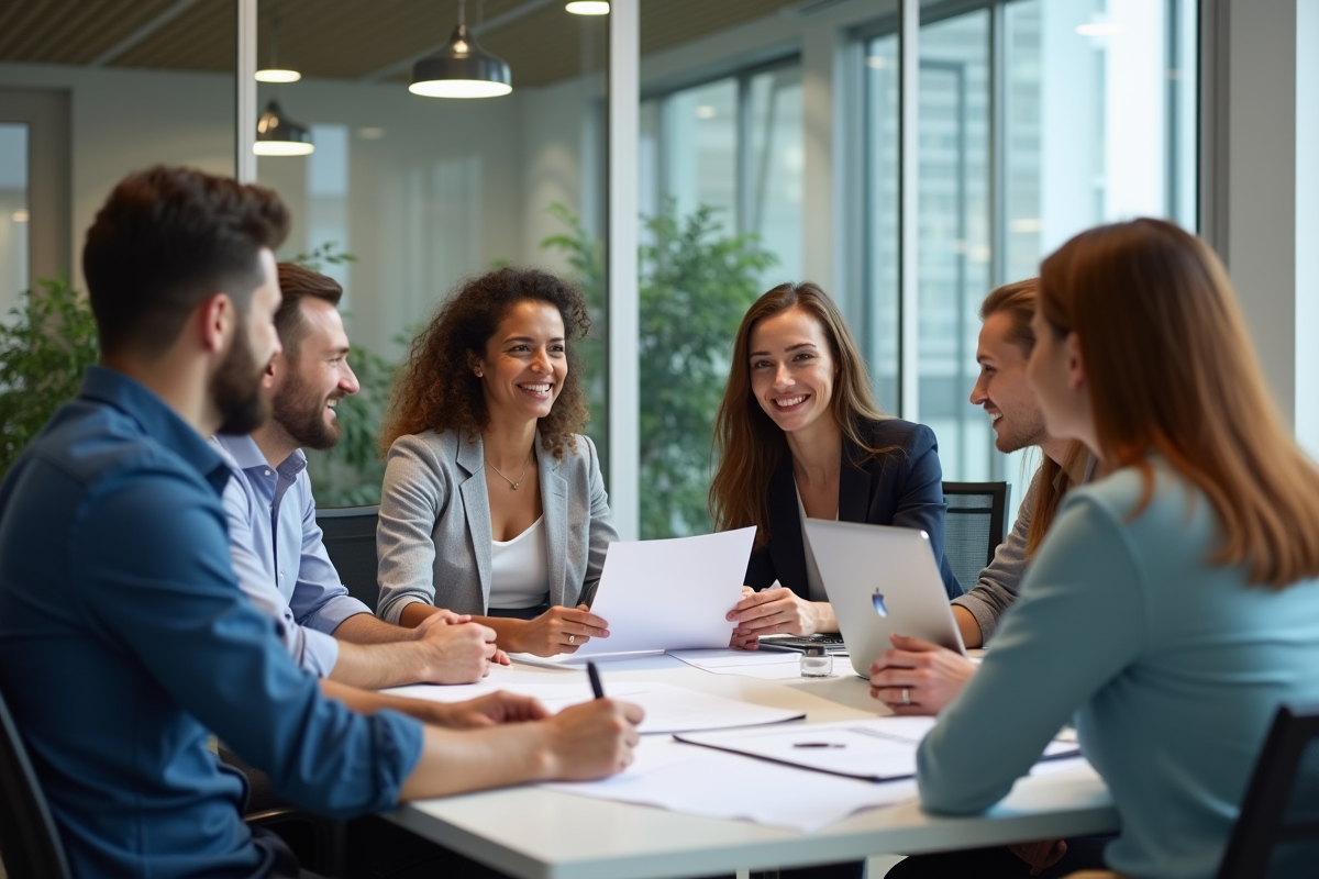 Groupe de collaborateurs au bureau en réunion conviviale