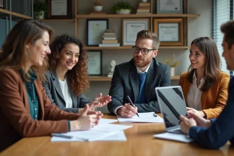 Groupe de quatre adultes en réunion dans un bureau associatif