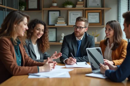 Groupe de quatre adultes en réunion dans un bureau associatif