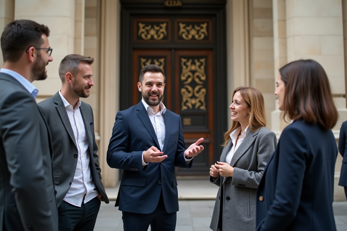 Jeunes professionnels devant la banque de France en discussion