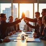 Groupe de personnes souriantes en réunion de succès
