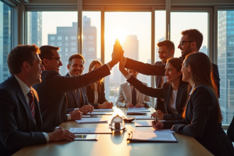 Groupe de personnes souriantes en réunion de succès