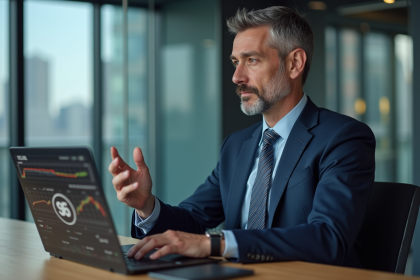 Homme d'affaires en costume dans un bureau moderne avec écran bourse Tesla