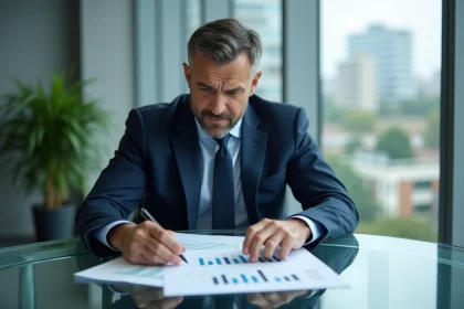 Homme d'affaires en costume bleu examinant des documents financiers