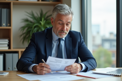 Homme d'affaires lisant une notice fiscale dans un bureau